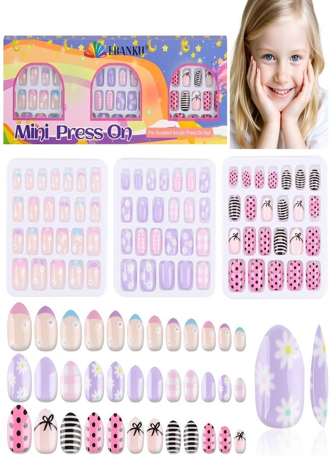 EBANKU 72 Pieces Press on Nails for Kids, EBANKU 3 Pack Kid Fake Nail Kit Purple Flower Black Streak Press on Nails for Girls 7-12 Years with Jelly Nail Adhesives - Image 1